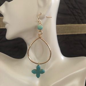 Funky Festival Style Gold and Turquoise Dangle Drop Cross Earrings